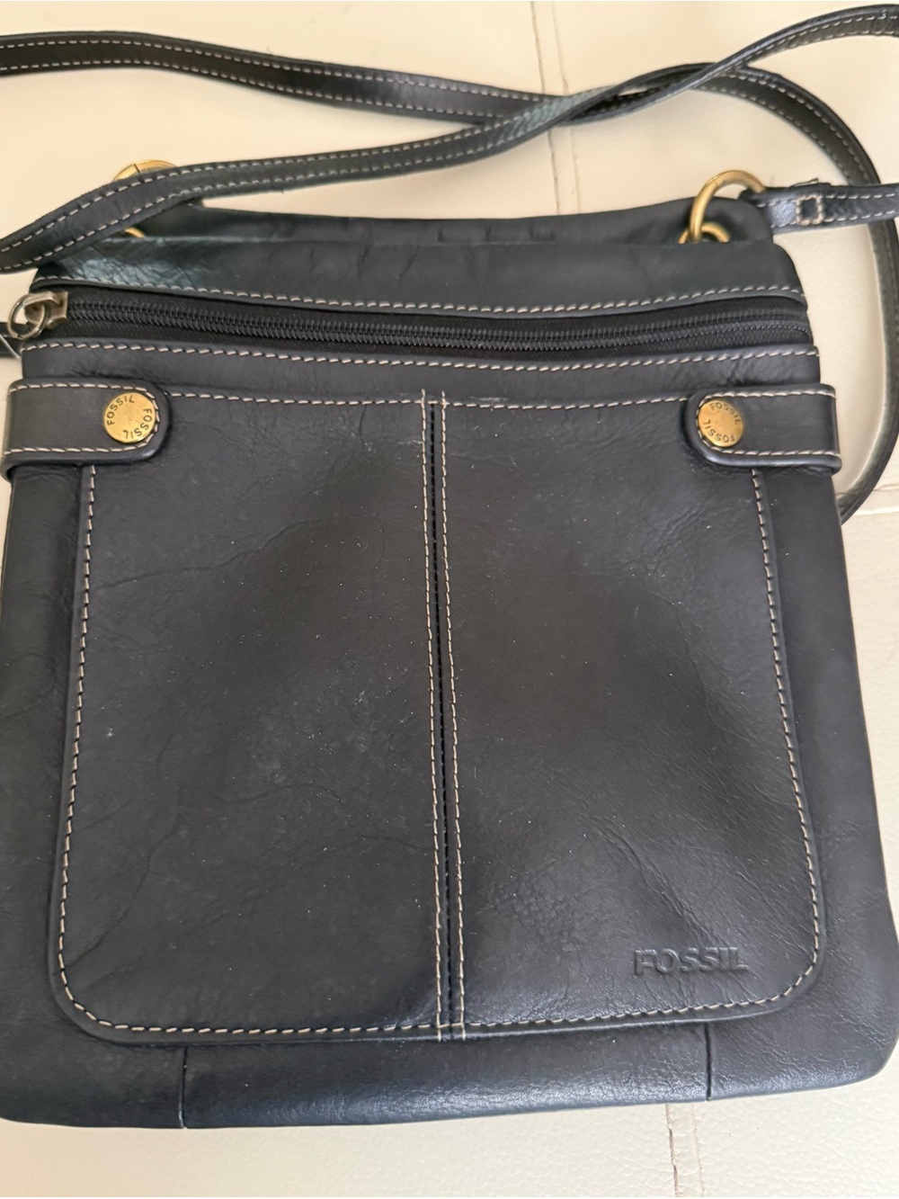 Fossil Black Leather Slim Crossbody Bag with Gold Hardware